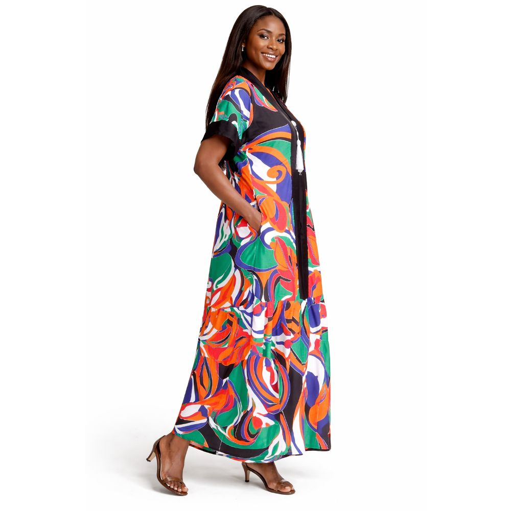 Abstract Print Maxi Kaftan Dress with Contrast Trim